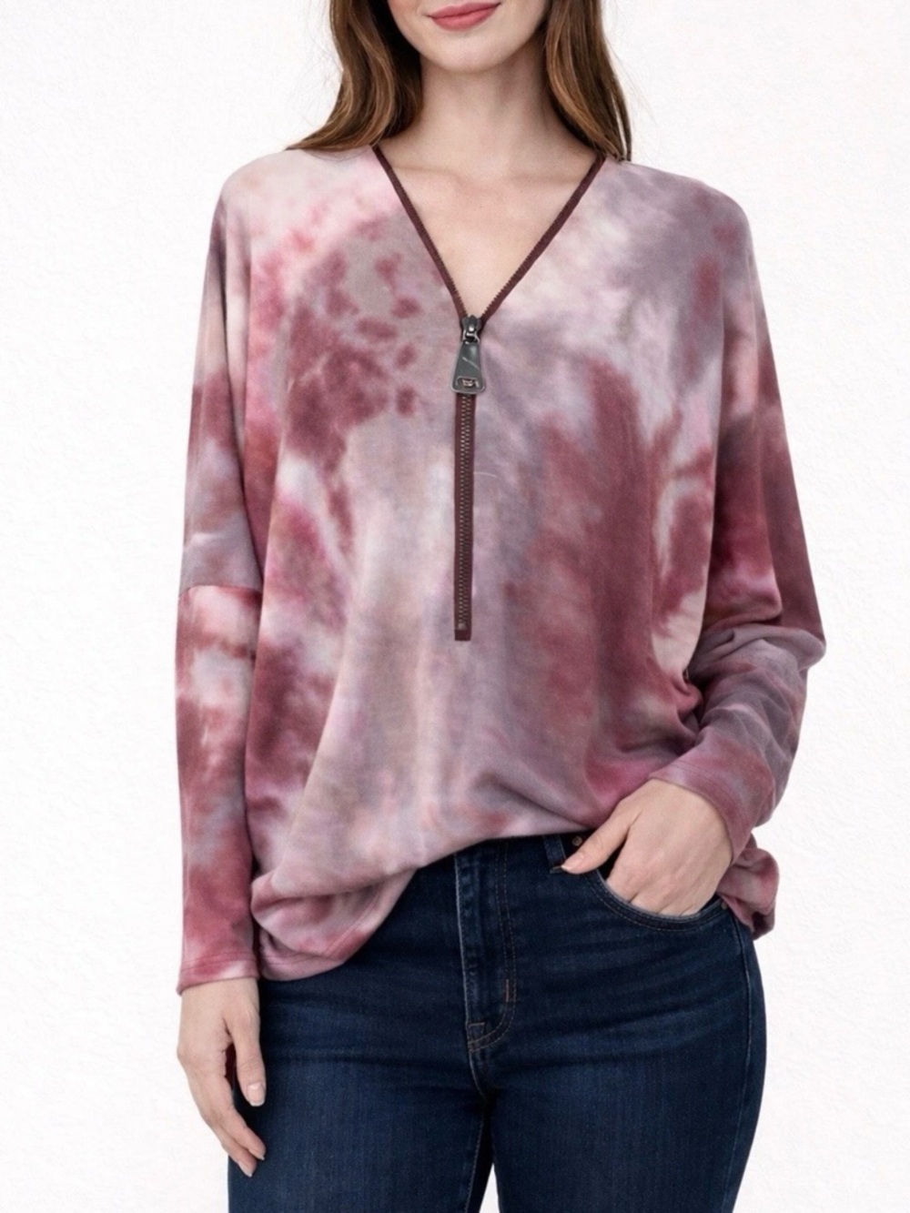 Ariella Tie Dye Zip Neck Long Sleeve Top Pink Gray Made USA Medium NWT